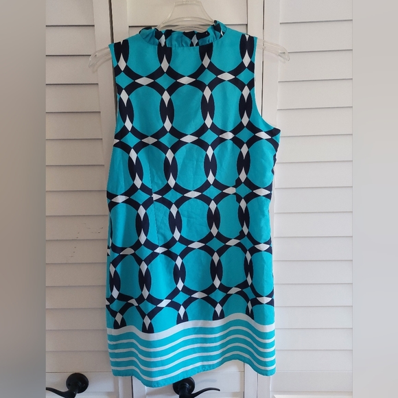 Crown & Ivy Women's Sz 14 Ruffle V-Neck Geometric Border Print Shift Dress Blue - Picture 2 of 5